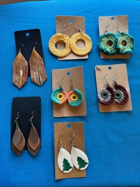 Lot of 7 Handmade Multicolor Crochet & Leather Earrings